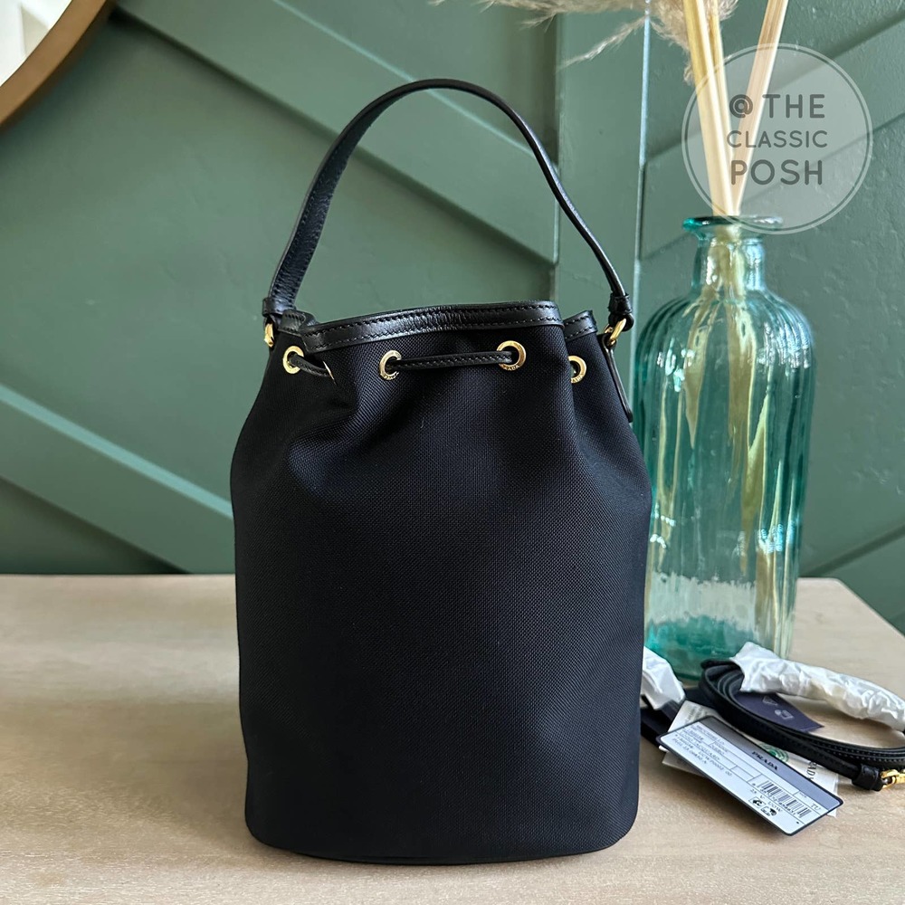 NEW Prada Jacquard Logo Bucket Black Canvas Tote Crossbody Bag - Picture 4 of 11